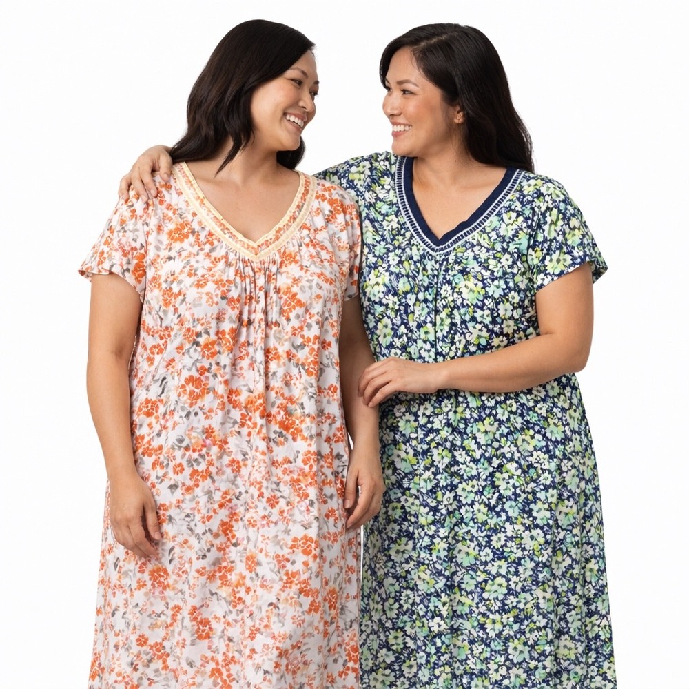 Lot of 2 Earth Angels Nightgown Women XXL Multicolor Floral Green Orange Comfort